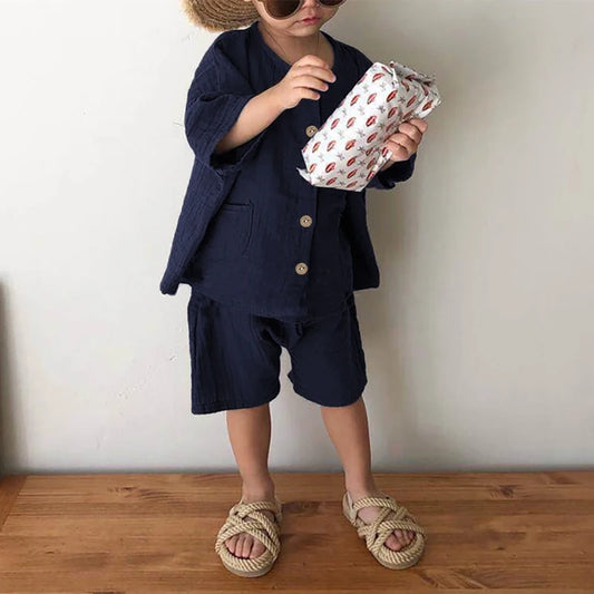 100% Cotton Children's Clothing Suit Summer New Girls Toddler Boys 2pcs Pocket Blouse + Loose Shorts Baby Kids Casual Sets TZ72
