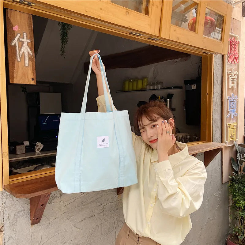 Women Cotton Canvas Shoulder Bag Simple Eco Fabric Handbag Solid School Books Tote Portable Shopping Bags For Girls