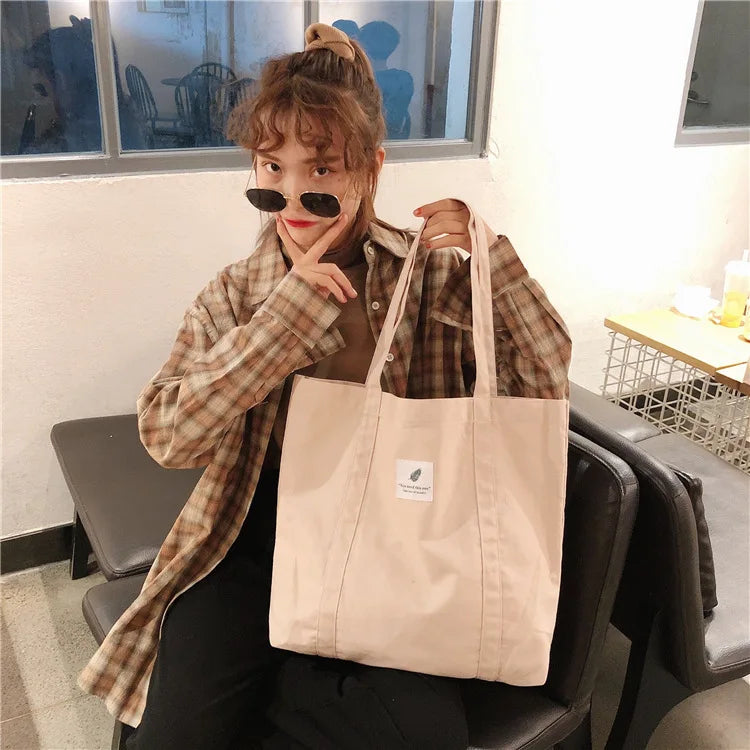 Women Cotton Canvas Shoulder Bag Simple Eco Fabric Handbag Solid School Books Tote Portable Shopping Bags For Girls