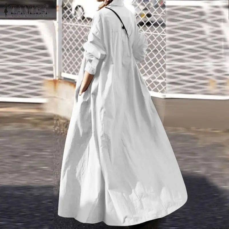 ZANZEA Women's Dress Autumn Long Sleeve Shirt Dress Loose Oversized Maxi Kaftan Woman Lapel Solid Half-Button A-line Sundress