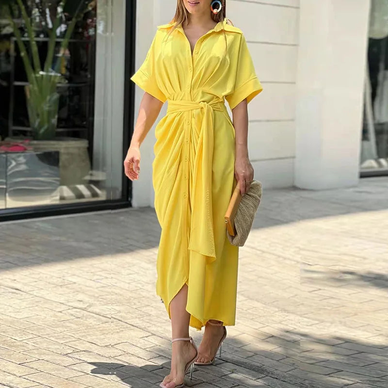 Bohemian White Turn-down Collar Solid Dress Long Kaftan Tunic Women Clothes 2025 Spring/Autumn Beach Wear Maxi Vestidos A1946