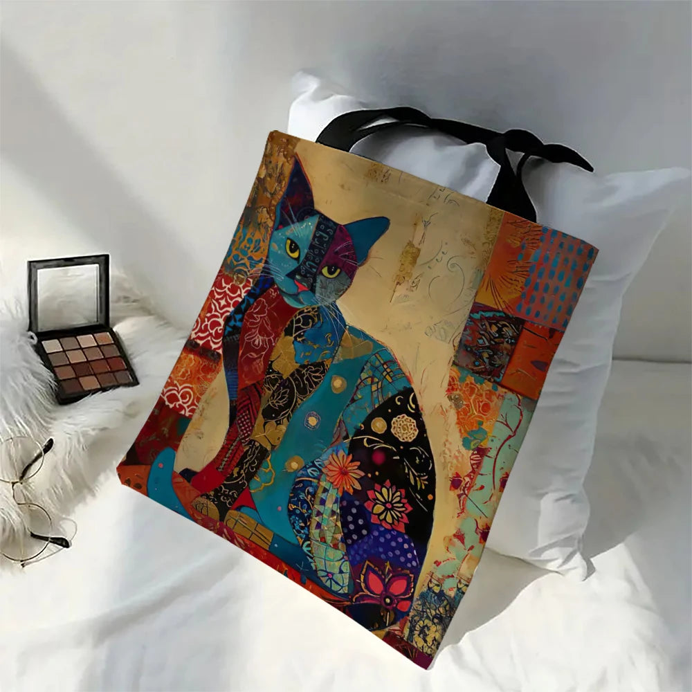 Ethnic Flower Cat Pattern Tote Bag