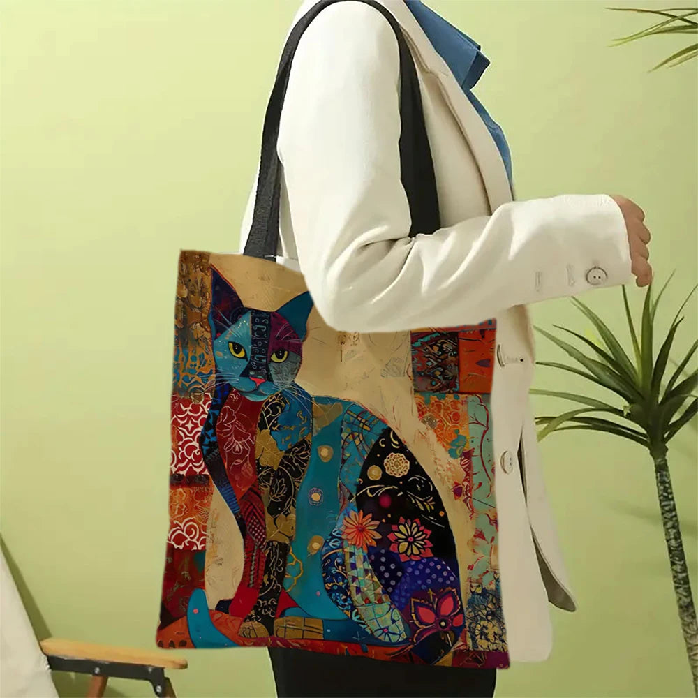 Ethnic Flower Cat Pattern Tote Bag