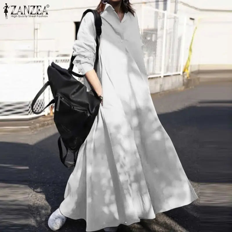 ZANZEA Women's Dress Autumn Long Sleeve Shirt Dress Loose Oversized Maxi Kaftan Woman Lapel Solid Half-Button A-line Sundress