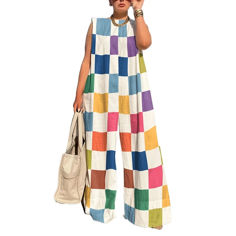UOOZEE Women Multicolour Plaid Wide Leg Jumpsuits 2025 New Summer Sleeveless Oversize Loose Casual Jump Suits Streetwear