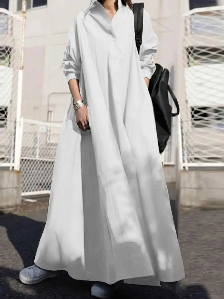ZANZEA Women's Dress Autumn Long Sleeve Shirt Dress Loose Oversized Maxi Kaftan Woman Lapel Solid Half-Button A-line Sundress