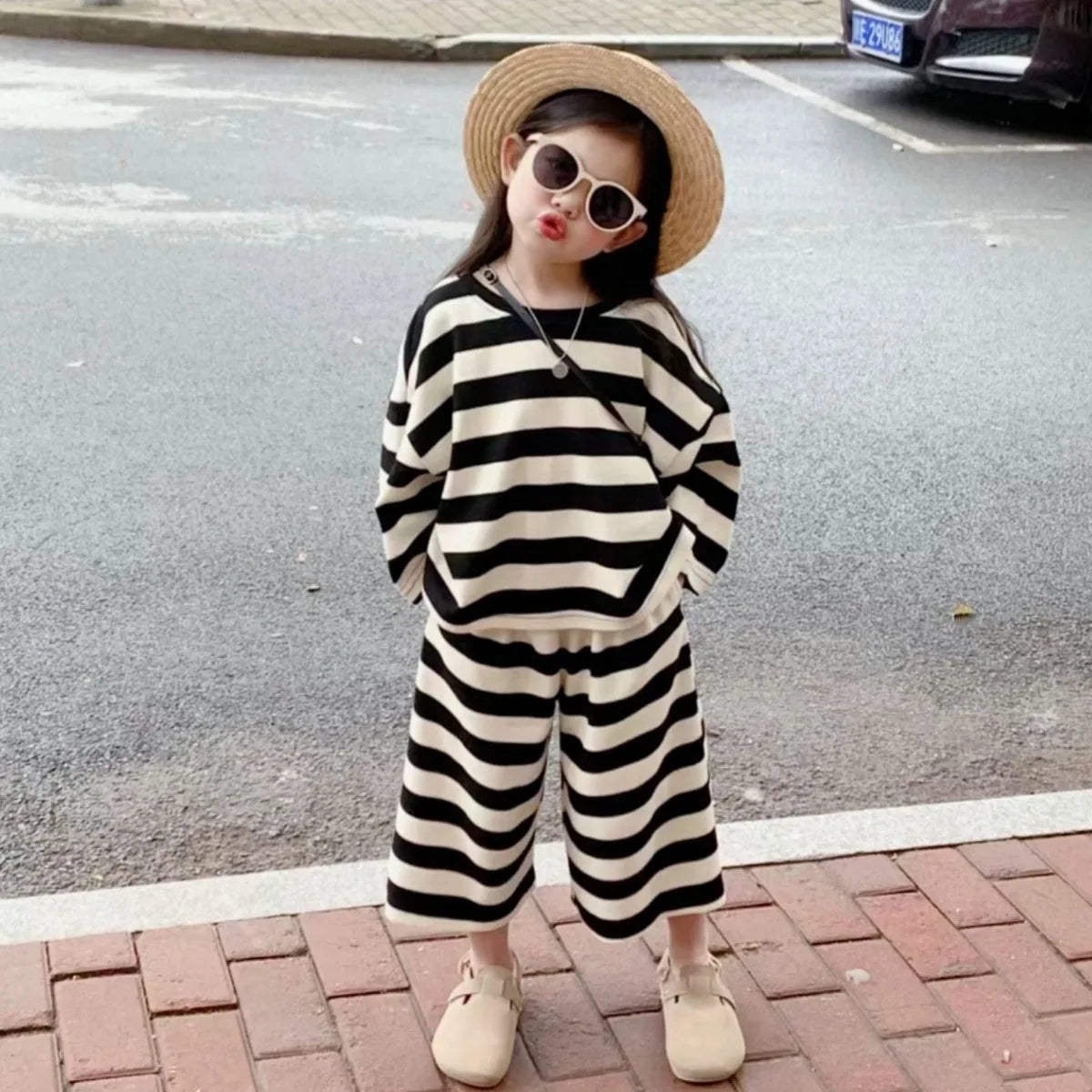 Striped Top Nine Split Wide Leg