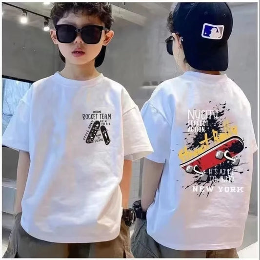 100% Cotton Boys T-shirt Summer Streetwear Cool Graffiti Print Girls Tees Short Sleeve Children Tops High Quality Kids Clothes
