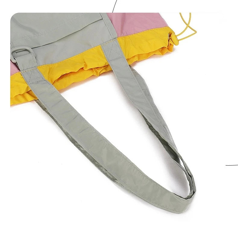 New Drawstring Patchwork Colour Large Capacity Shopping Canvas Bag Hundred Shoulder Bag Casual Commuter Bag Waterproof