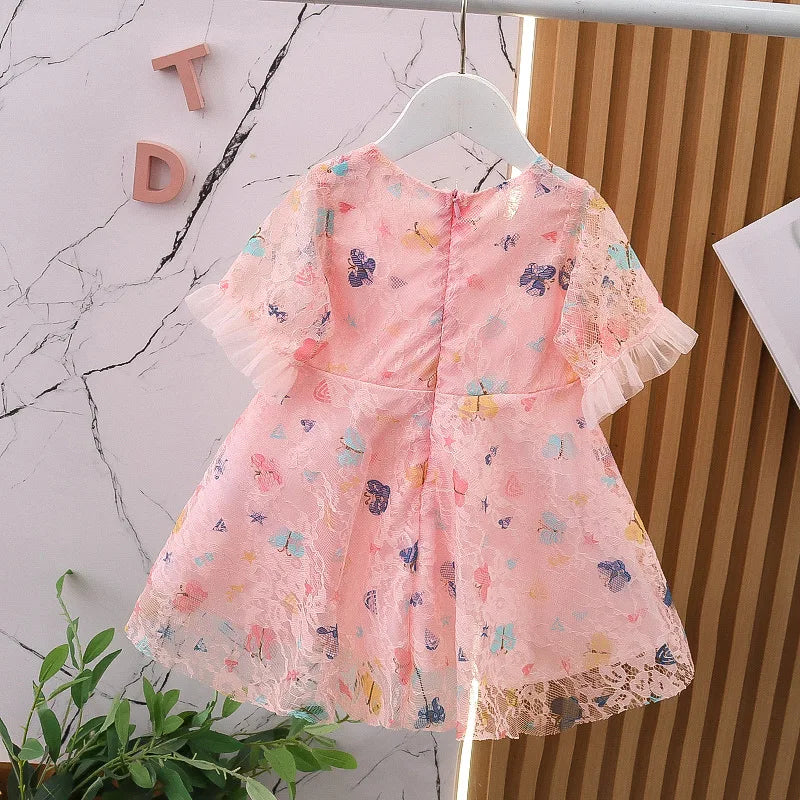 Dress Bubble Sleeve Lace Butterfly Print