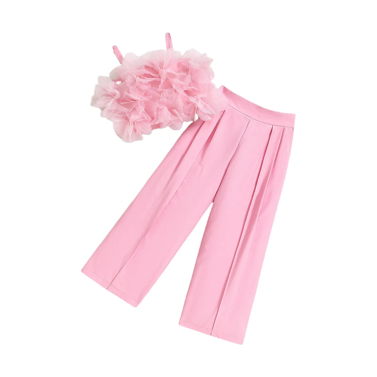 Prowow Children Clothing Summer Girl's Pink Outfit Sets Lace Mesh Flower Vest and Long Pants Kids Clothes Girl's Elegant Sets