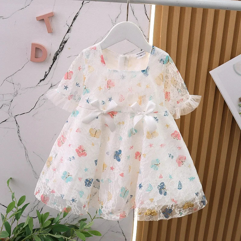 Dress Bubble Sleeve Lace Butterfly Print