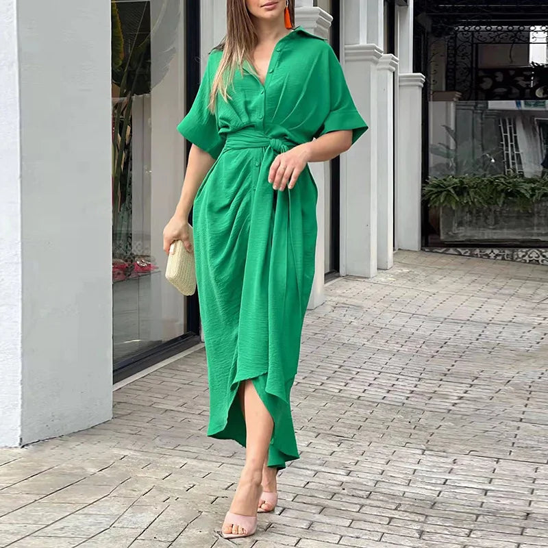 Bohemian White Turn-down Collar Solid Dress Long Kaftan Tunic Women Clothes 2025 Spring/Autumn Beach Wear Maxi Vestidos A1946