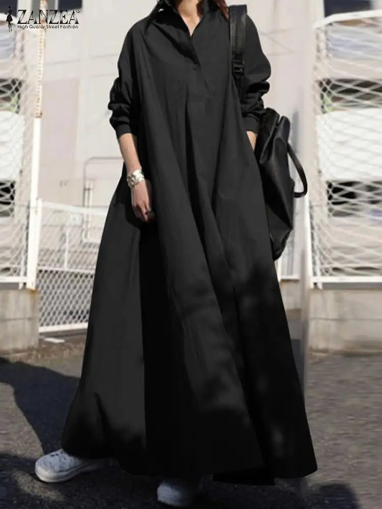 ZANZEA Women's Dress Autumn Long Sleeve Shirt Dress Loose Oversized Maxi Kaftan Woman Lapel Solid Half-Button A-line Sundress