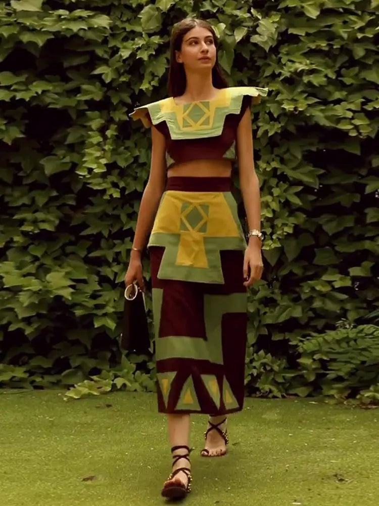 Print Spliced Flying Sleeve Outfit