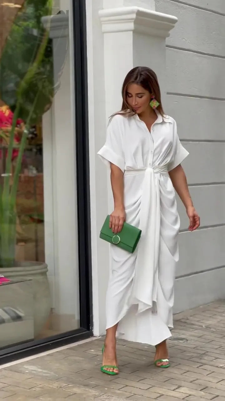Bohemian White Turn-down Collar Solid Dress Long Kaftan Tunic Women Clothes 2025 Spring/Autumn Beach Wear Maxi Vestidos A1946