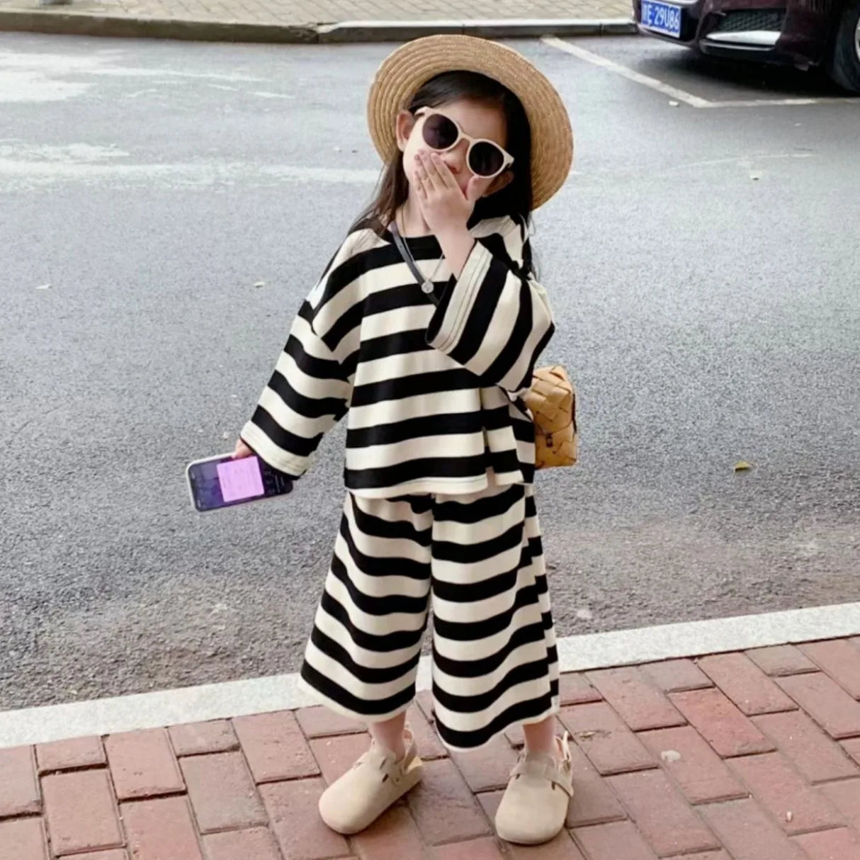 Striped Top Nine Split Wide Leg