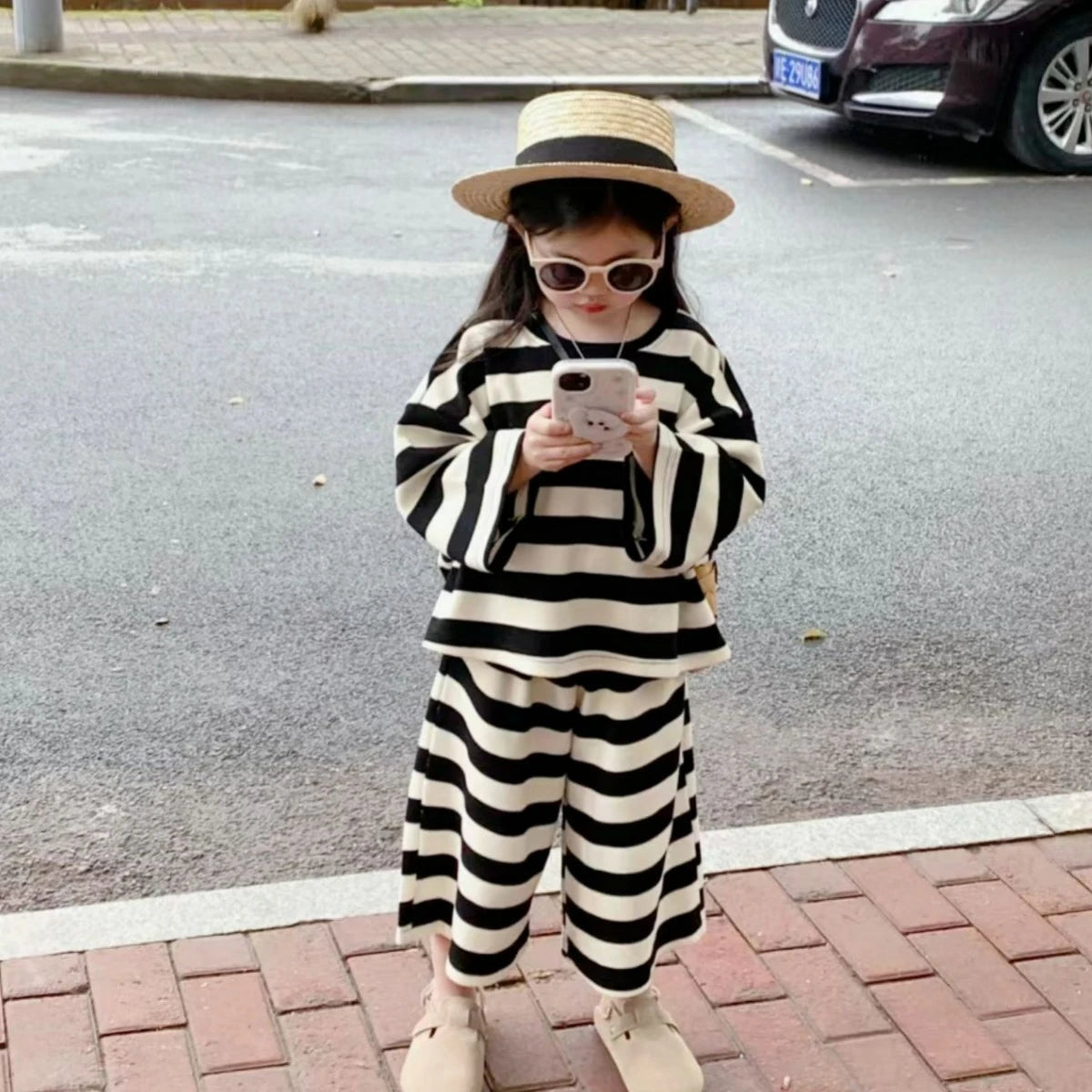 Striped Top Nine Split Wide Leg