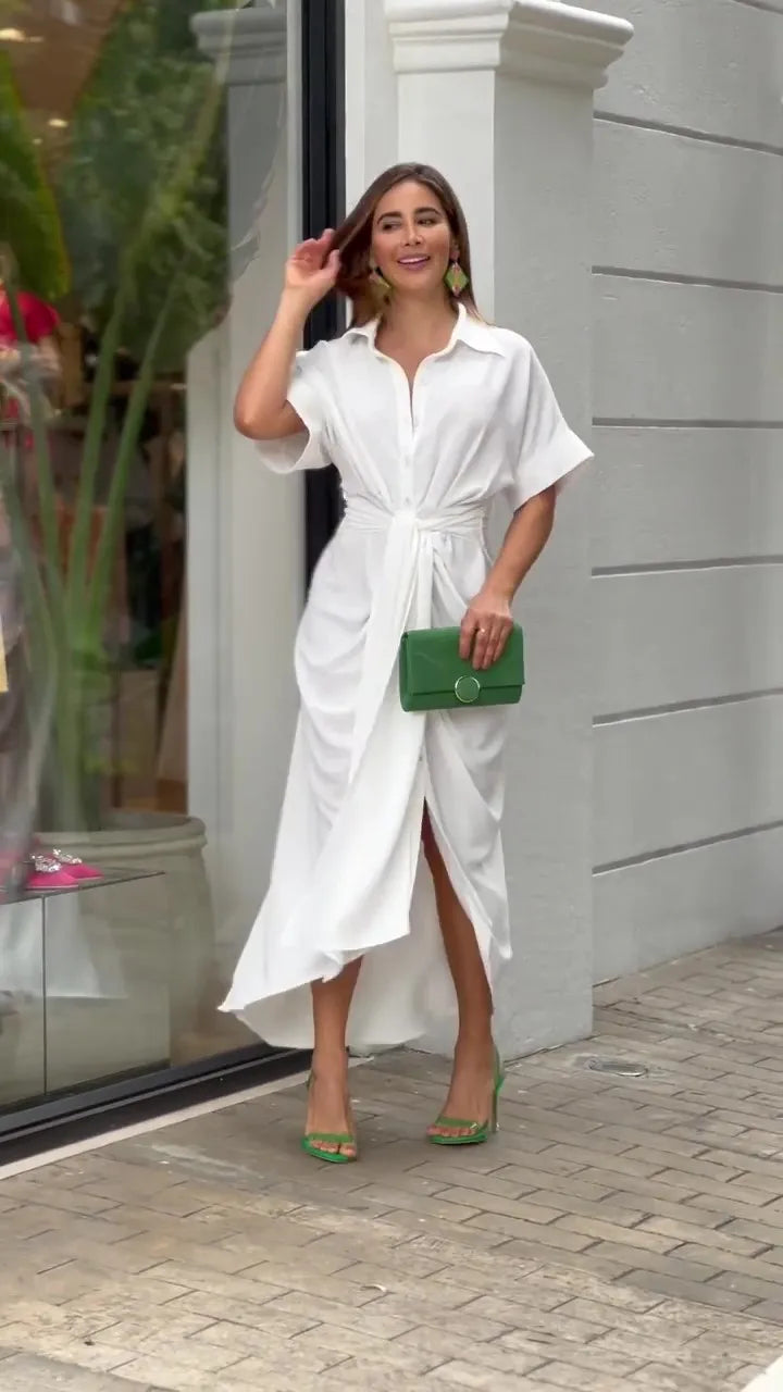 Bohemian White Turn-down Collar Solid Dress Long Kaftan Tunic Women Clothes 2025 Spring/Autumn Beach Wear Maxi Vestidos A1946
