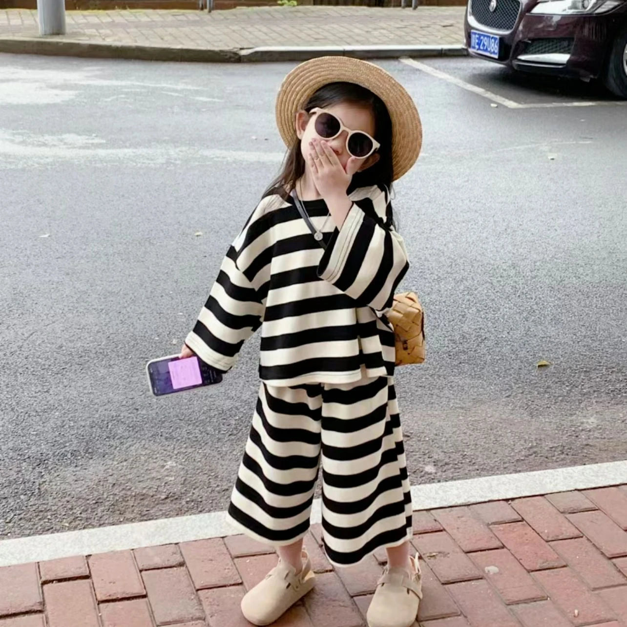 Striped Top Nine Split Wide Leg