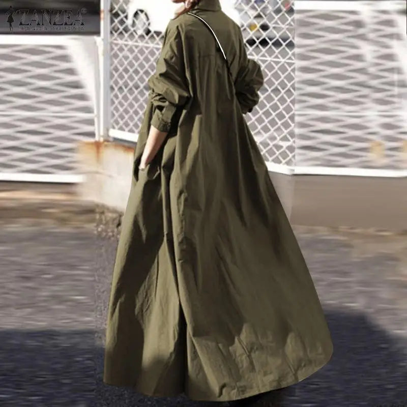 ZANZEA Women's Dress Autumn Long Sleeve Shirt Dress Loose Oversized Maxi Kaftan Woman Lapel Solid Half-Button A-line Sundress