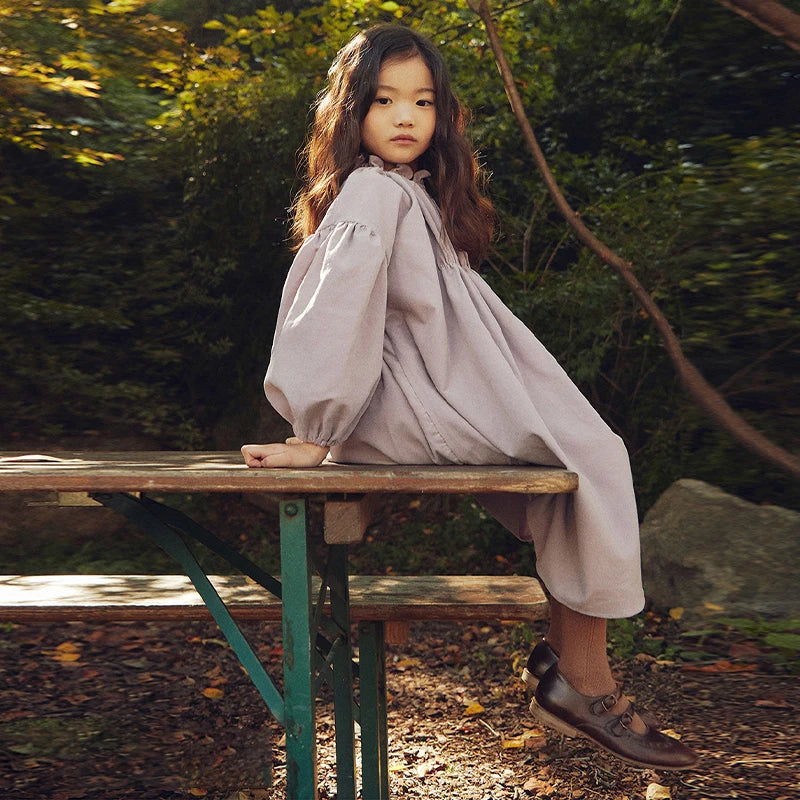 Girls Retro Long-Sleeve Linen Dress