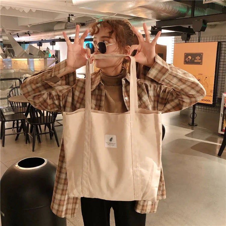 Women Cotton Canvas Shoulder Bag Simple Eco Fabric Handbag Solid School Books Tote Portable Shopping Bags For Girls