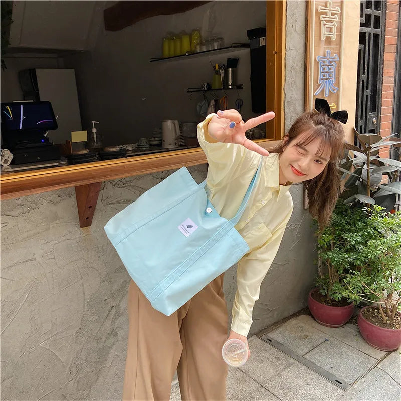 Women Cotton Canvas Shoulder Bag Simple Eco Fabric Handbag Solid School Books Tote Portable Shopping Bags For Girls