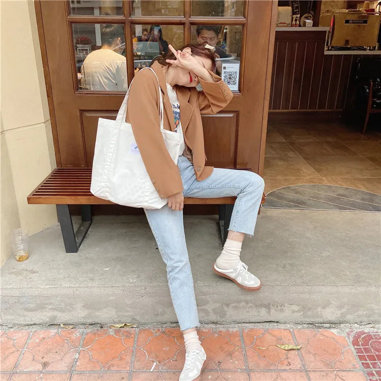 Women Cotton Canvas Shoulder Bag Simple Eco Fabric Handbag Solid School Books Tote Portable Shopping Bags For Girls