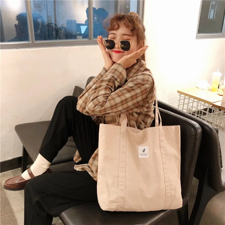 Women Cotton Canvas Shoulder Bag Simple Eco Fabric Handbag Solid School Books Tote Portable Shopping Bags For Girls