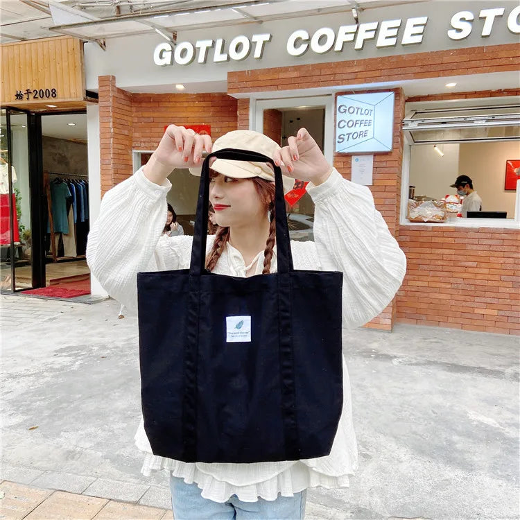 Women Cotton Canvas Shoulder Bag Simple Eco Fabric Handbag Solid School Books Tote Portable Shopping Bags For Girls