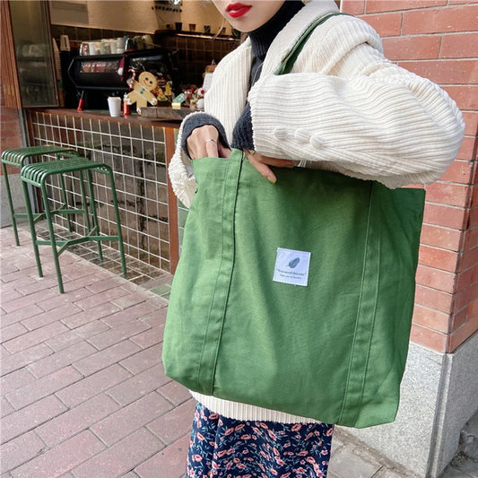 Women Cotton Canvas Shoulder Bag Simple Eco Fabric Handbag Solid School Books Tote Portable Shopping Bags For Girls