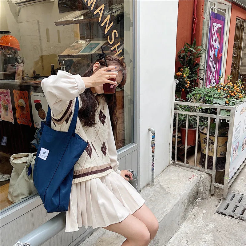 Women Cotton Canvas Shoulder Bag Simple Eco Fabric Handbag Solid School Books Tote Portable Shopping Bags For Girls