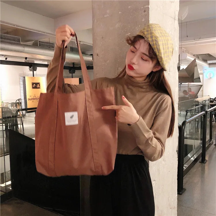 Women Cotton Canvas Shoulder Bag Simple Eco Fabric Handbag Solid School Books Tote Portable Shopping Bags For Girls