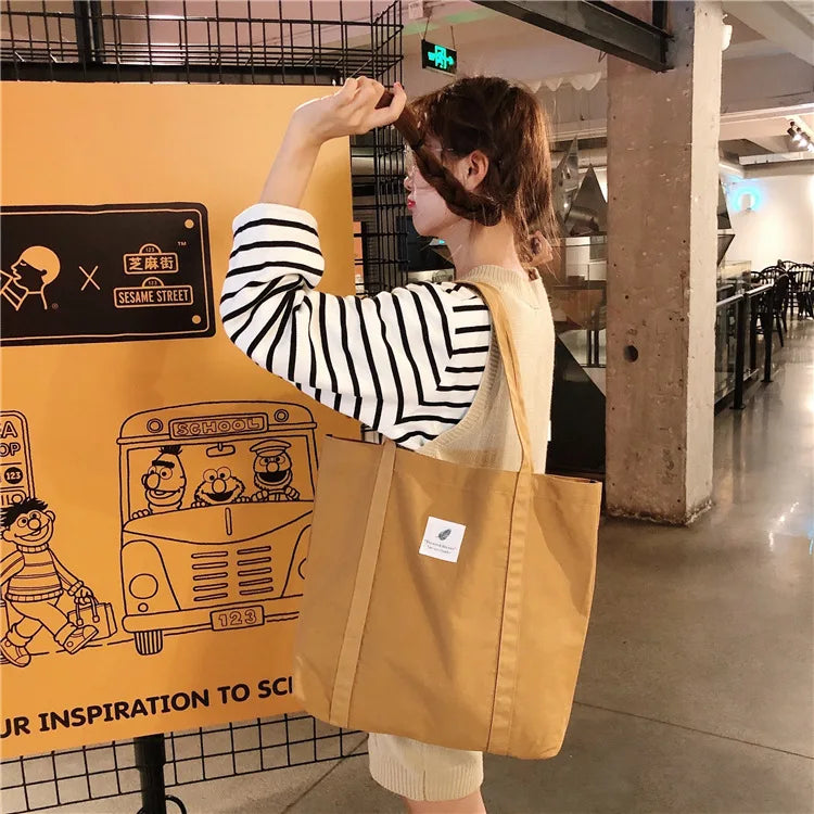 Women Cotton Canvas Shoulder Bag Simple Eco Fabric Handbag Solid School Books Tote Portable Shopping Bags For Girls