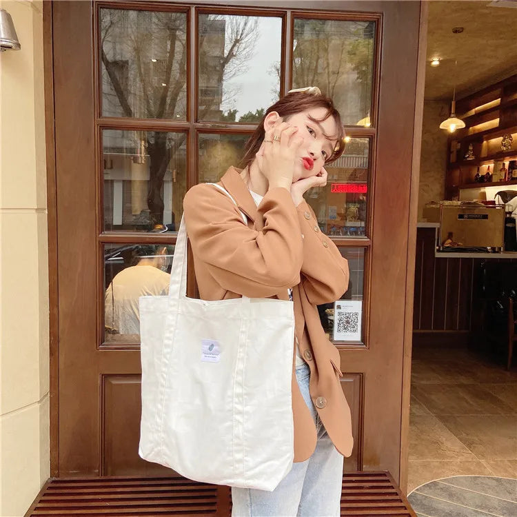 Women Cotton Canvas Shoulder Bag Simple Eco Fabric Handbag Solid School Books Tote Portable Shopping Bags For Girls