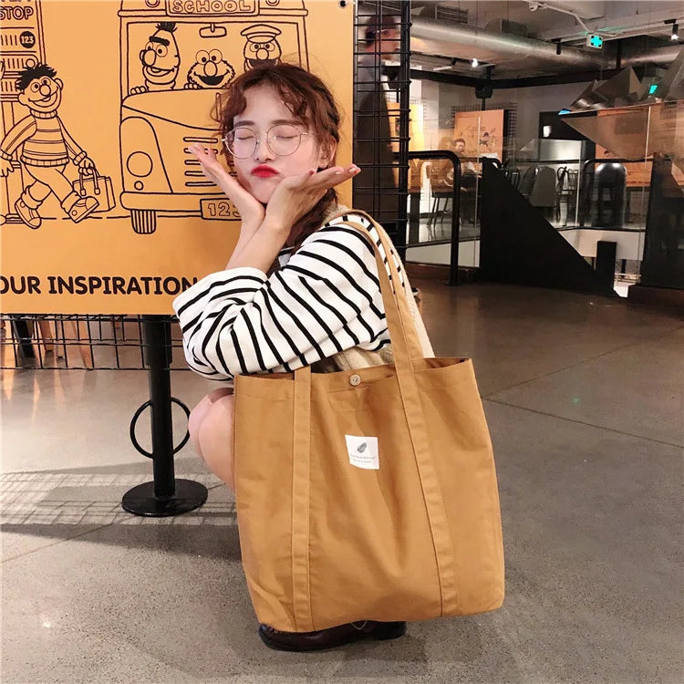 Women Cotton Canvas Shoulder Bag Simple Eco Fabric Handbag Solid School Books Tote Portable Shopping Bags For Girls