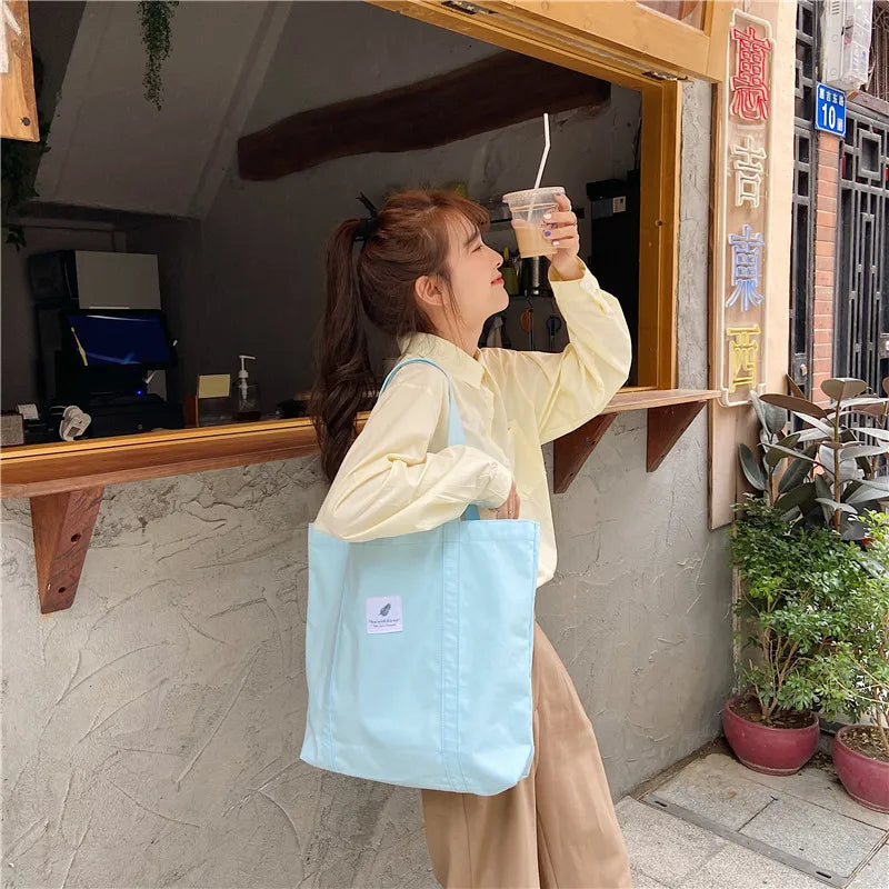 Women Cotton Canvas Shoulder Bag Simple Eco Fabric Handbag Solid School Books Tote Portable Shopping Bags For Girls