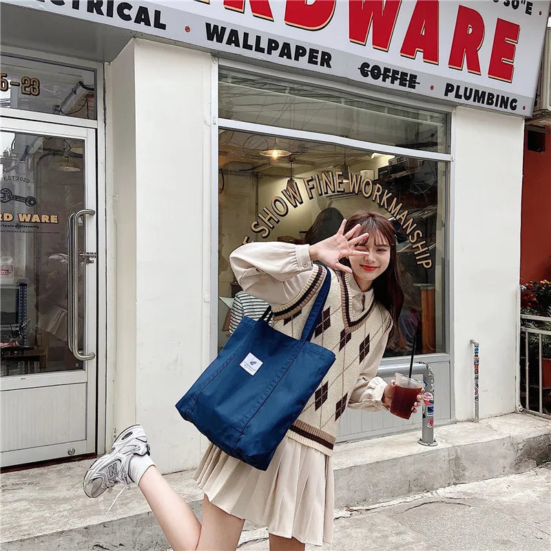 Women Cotton Canvas Shoulder Bag Simple Eco Fabric Handbag Solid School Books Tote Portable Shopping Bags For Girls