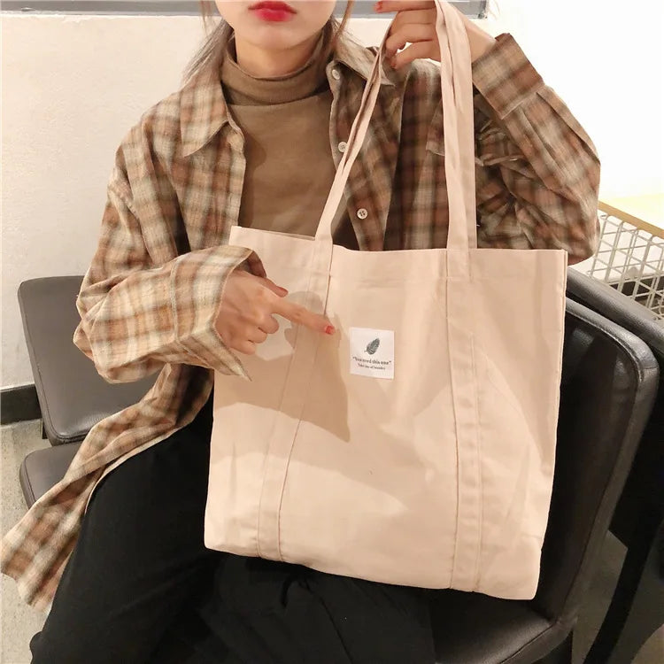 Women Cotton Canvas Shoulder Bag Simple Eco Fabric Handbag Solid School Books Tote Portable Shopping Bags For Girls