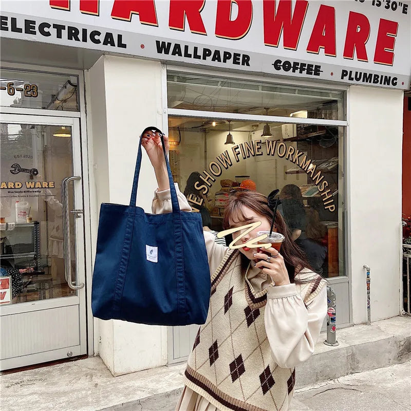 Women Cotton Canvas Shoulder Bag Simple Eco Fabric Handbag Solid School Books Tote Portable Shopping Bags For Girls
