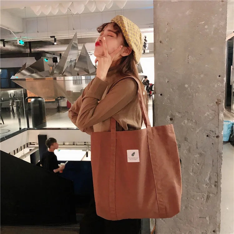Women Cotton Canvas Shoulder Bag Simple Eco Fabric Handbag Solid School Books Tote Portable Shopping Bags For Girls