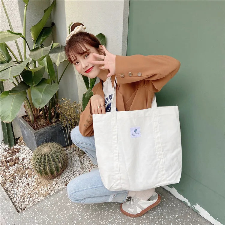 Women Cotton Canvas Shoulder Bag Simple Eco Fabric Handbag Solid School Books Tote Portable Shopping Bags For Girls