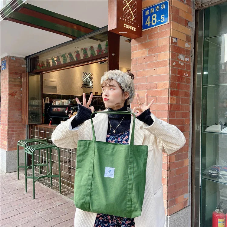 Women Cotton Canvas Shoulder Bag Simple Eco Fabric Handbag Solid School Books Tote Portable Shopping Bags For Girls