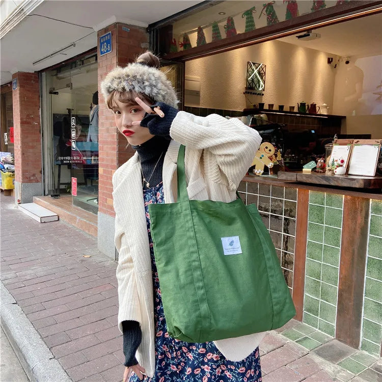 Women Cotton Canvas Shoulder Bag Simple Eco Fabric Handbag Solid School Books Tote Portable Shopping Bags For Girls