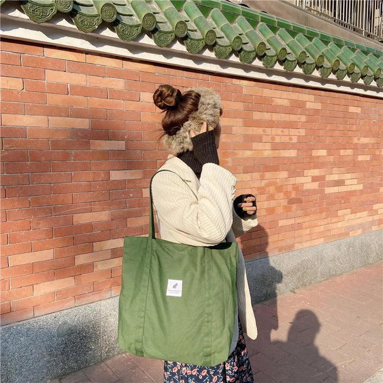 Women Cotton Canvas Shoulder Bag Simple Eco Fabric Handbag Solid School Books Tote Portable Shopping Bags For Girls