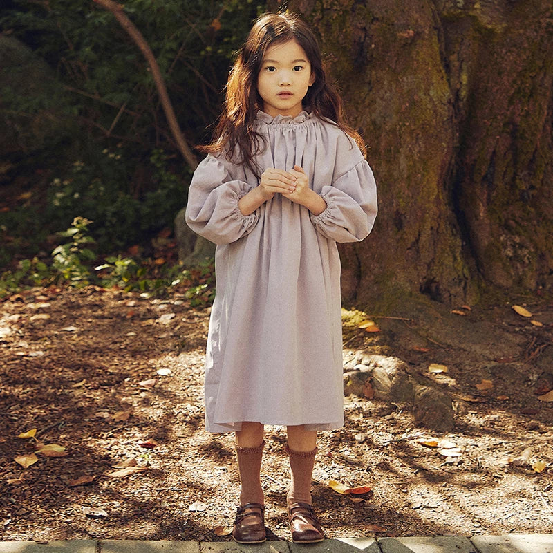 Girls Retro Long-Sleeve Linen Dress