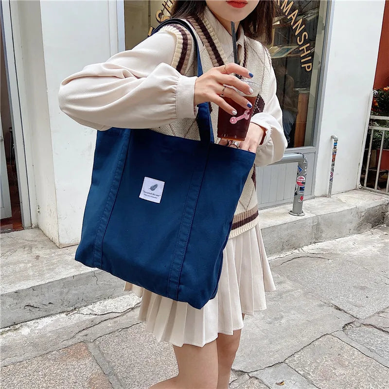 Women Cotton Canvas Shoulder Bag Simple Eco Fabric Handbag Solid School Books Tote Portable Shopping Bags For Girls