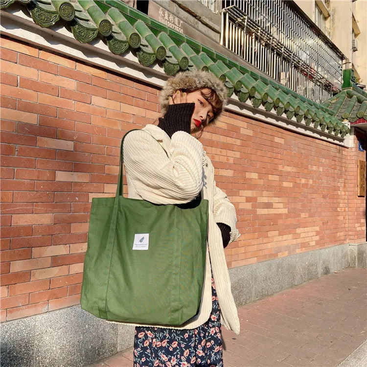 Women Cotton Canvas Shoulder Bag Simple Eco Fabric Handbag Solid School Books Tote Portable Shopping Bags For Girls