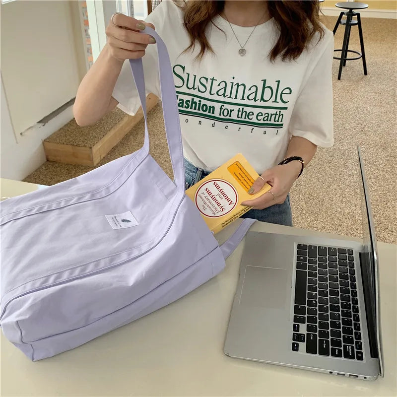 Women Cotton Canvas Shoulder Bag Simple Eco Fabric Handbag Solid School Books Tote Portable Shopping Bags For Girls